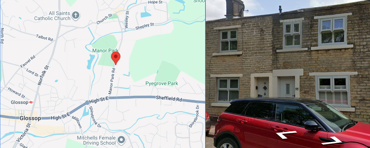 Map of Old Glossop alongside the stone facade of 55 Manor Park Road
